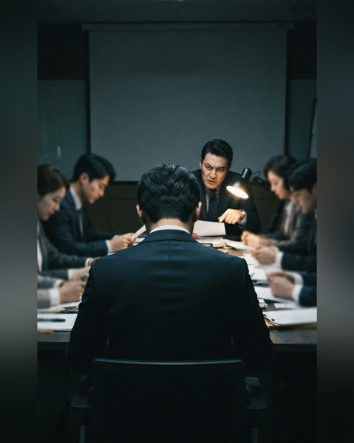 어두운 조명 아래 회의실에서 상사의 눈치를 보는 직장인의 뒷모습