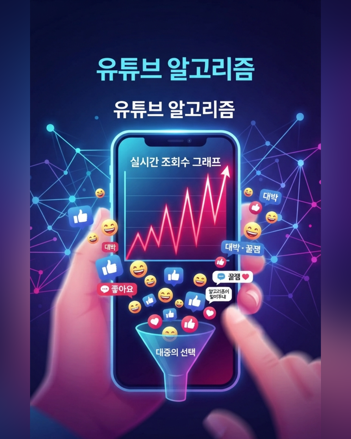 스마트폰 화면 속 유튜브 알고리즘과 실시간 조회수 그래프를 형상화한 일러스트
