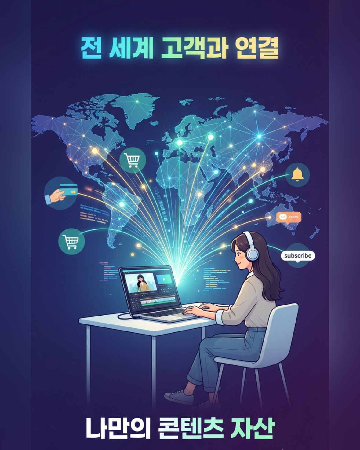개인 크리에이터가 노트북 하나로 전 세계 고객과 연결되는 모습을 표현한 네트워크 일러스트