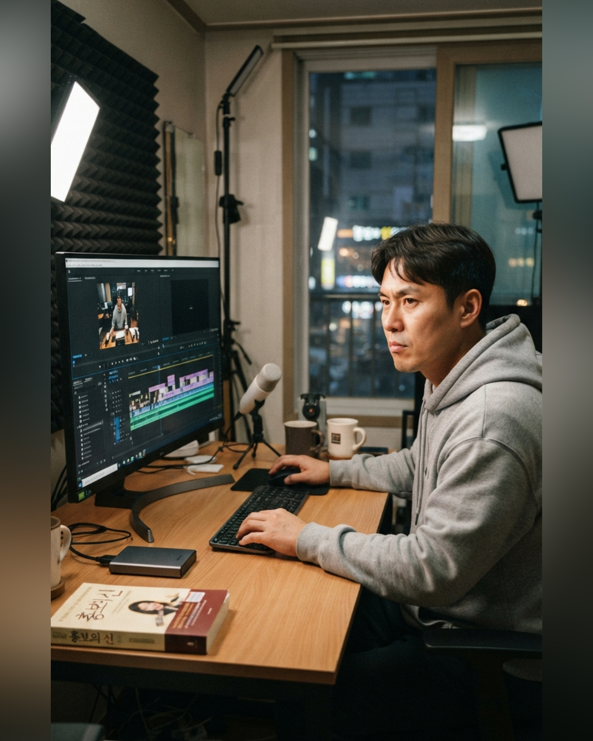 작은 편집실에서 컴퓨터 한 대로 영상을 편집하는 공무원의 모습
